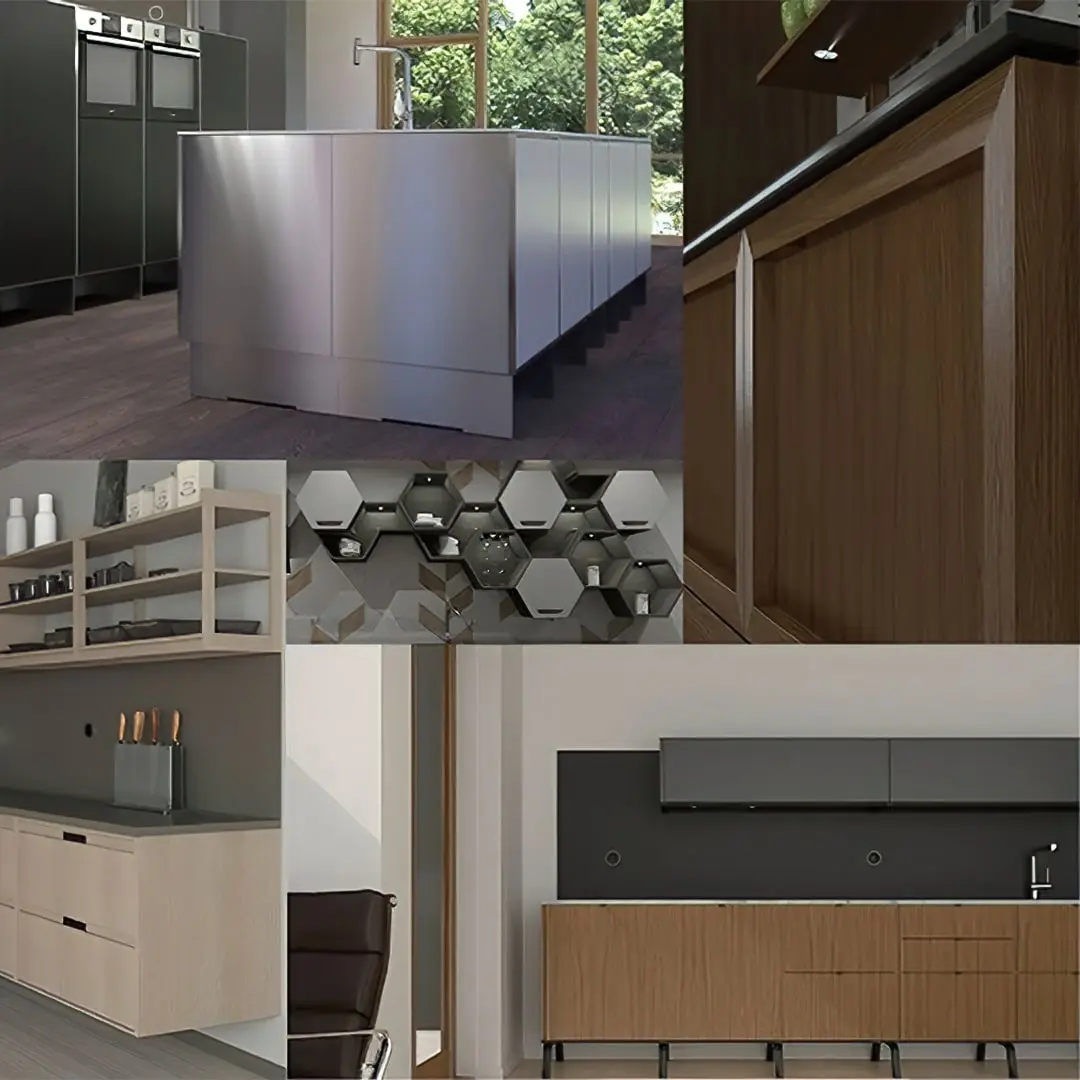 Ett collage av moderna köksdesigner med vitvaror i rostfritt stål, träskåp, geometriska plattor och minimalistiska hyllor.